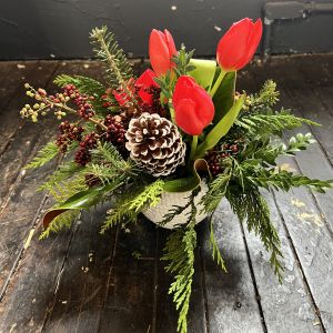 Hobnail Winter Arrangement with Tulips
